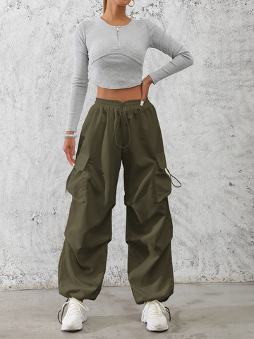 Women Casual Cargo Pants High Waist Drawstring Pocket Loose Streetwear Straight Leg Trousers Summer Fashion Solid Color