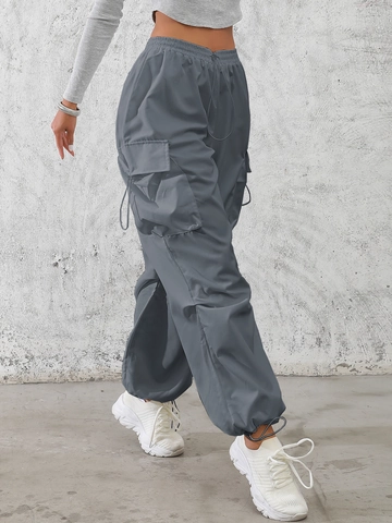 Women's Casual Cargo Pants Loose Fit Multi Pocket High Waist Drawstring Hem Streetwear Polyester Long Trousers