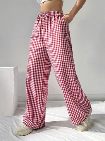 Pantalon Femme Décontracté Taille Haute Vichy Jambe Large Été Ample À Carreaux Droit Avec Poches Et Cordon