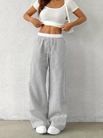 Women Casual Striped Straight Leg Pants Elastic Drawstring Waist Loose Fit Cotton Blend Wide Leg Trousers Summer Holiday