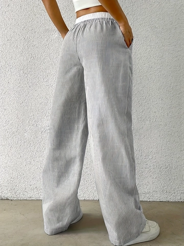 Women Casual Striped Straight Leg Pants Elastic Drawstring Waist Loose Fit Cotton Blend Wide Leg Trousers Summer Holiday