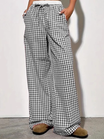 Pantalon à Jambes Larges Décontracté en Mélange de Coton pour Femmes Rayé Gingham Taille Haute Cordon Pantalon Lâche Doux Automne