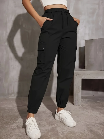 Pantalones Cargo de Cintura Alta Casuales para Mujer Color Sólido Cintura Elástica Con Cordón Bolsillos Joggers Moda Street Style