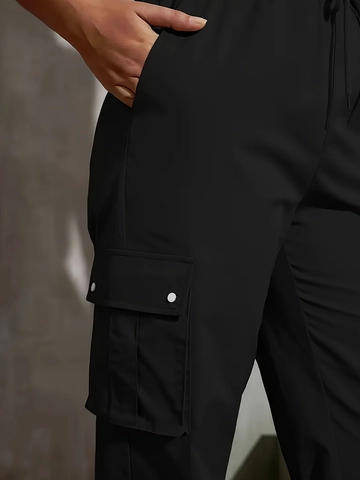 Pantalones Cargo de Cintura Alta Casuales para Mujer Color Sólido Cintura Elástica Con Cordón Bolsillos Joggers Moda Street Style