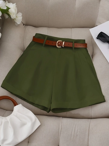 Short De Tailleur Femme Taille Haute Jambe Large Avec Ceinture Marron Décontracté Couleur Unie Bureau Été Pantalon Court