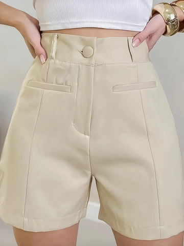 Pantalones Cortos de Traje de Cintura Alta Pierna Ancha Mujer Sexy Verano Poliéster Recto Casual Con Bolsillos Estilo Albaricoque