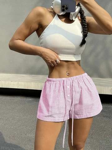 Damen High Waist Gestreifte Shorts Sommer Casual Locker Strand Shorts Mit Kordelzug Knopf Dekor Polyester Mode Unterteile
