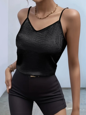 Women Sexy Satin Cami Top V-Neck Thin Strap Backless Slim Fit Tank Top Metallic Luster Party Summer Streetwear Top
