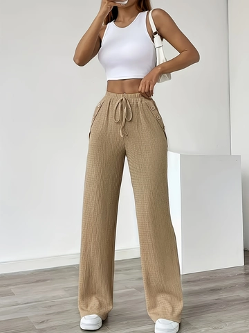 Pantalon Décontracté à Taille Haute et Jambes Larges pour Femmes Texture Gauffrée Cordon de Serrage Pantalon Droit Ample Avec Boutons Latéraux