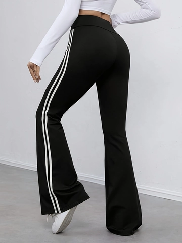 Pantalon de Yoga Évasé à Taille Haute Pour Femmes Avec Rayures Latérales Pantalon en Polyester Amincissant Pour Le Sport Streetwear