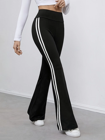 Pantalon de Yoga Évasé à Taille Haute Pour Femmes Avec Rayures Latérales Pantalon en Polyester Amincissant Pour Le Sport Streetwear
