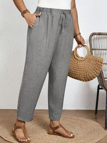 Damen Übergröße Casual Baumwoll-Leinen-Look Hose Hohe Taille Kordelzug Locker Gerade Neun-Punkte-Hose Mit Taschen Silbergrau