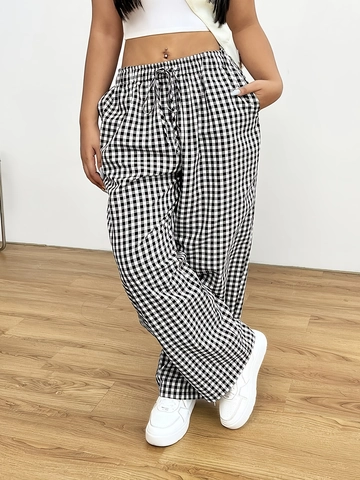 Pantalones de Pierna Ancha de Gingham para Mujer Tallas Grandes Cintura Alta Elástica Cordón Negro Blanco Cuadros Holgados Casuales