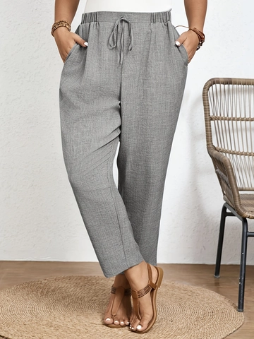 Damen Übergröße Casual Baumwoll-Leinen-Look Hose Hohe Taille Kordelzug Locker Gerade Neun-Punkte-Hose Mit Taschen Silbergrau