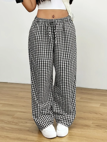 Pantalones de Pierna Ancha de Gingham para Mujer Tallas Grandes Cintura Alta Elástica Cordón Negro Blanco Cuadros Holgados Casuales