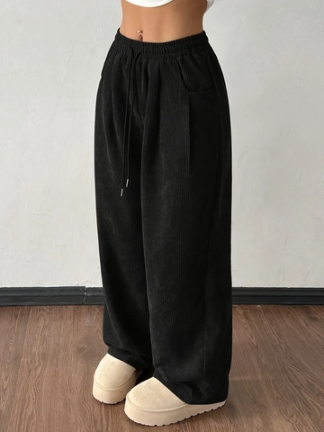Pantaloni a Gamba Larga da Donna a Vita Alta in Velluto a Coste Coulisse Slouchy Dritti Tinta Unita Comodi Casual