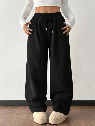 Pantaloni a Gamba Larga da Donna a Vita Alta in Velluto a Coste Coulisse Slouchy Dritti Tinta Unita Comodi Casual
