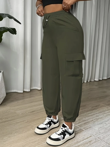 Plus Size Women Cargo Pants High Waist Drawstring Pockets Solid Color Jogger Pants Streetwear Casual Polyester Trousers