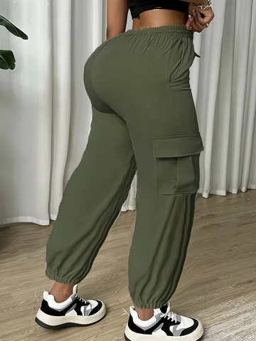 Plus Size Women Cargo Pants High Waist Drawstring Pockets Solid Color Jogger Pants Streetwear Casual Polyester Trousers