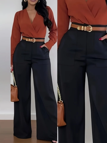 Damen Hose Mit Hoher Taille Und Weitem Bein Mit Gürtel Professionelle Pendeln Büro Solid Farbe Gerade Fließende Elegante Lange Hose
