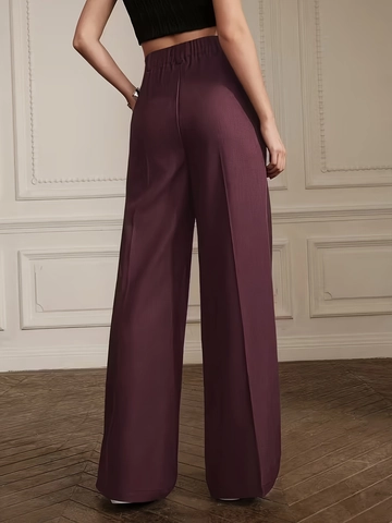 Pantalon Femme Taille Haute Jambe Large Couleur Unie Élégant Plissé Longueur Totale Avec Ceinture Casual Bureau Pantalon Ample