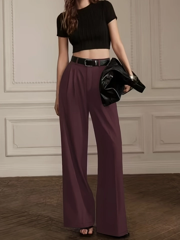 Pantalon Femme Taille Haute Jambe Large Couleur Unie Élégant Plissé Longueur Totale Avec Ceinture Casual Bureau Pantalon Ample