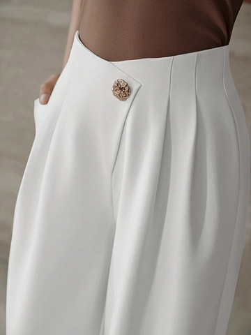 Pantalon Large Taille Haute pour Femmes Élégant Pantalon de Travail Blanc Uni Coupe Droite Drapée Avec Bouton Doré