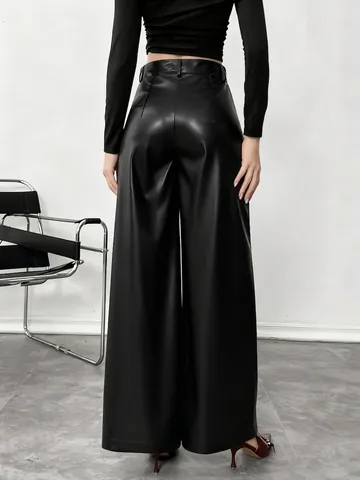 High Waist Women PU Leather Wide Leg Pants Loose Faux Leather Trousers Solid Streetwear Solid Color Fashion Casual Long Pants