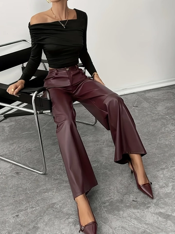 Damen High Waist Weite Hose Kunstleder Locker Streetwear PU Lederhose Büro Mode Lange Hose