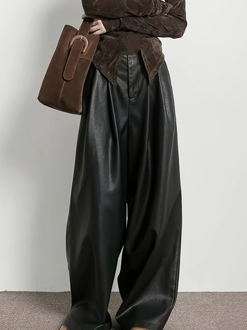 Pantaloni Donna Vita Alta Pelle PU Gamba Larga Plissettati Retro Maillard Pantaloni Opachi Ecopelle Streetwear Casual Lunghi