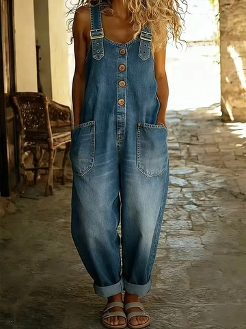 Women Retro Denim Overalls Casual Adjustable Straps Loose Jumpsuits Wide Leg Romper With Pockets Vintage Wash Bib Pants
