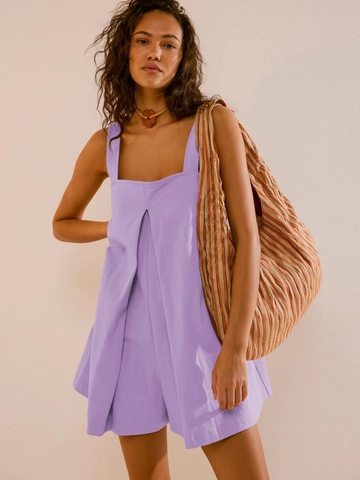 Women's Casual Summer Square Neck Wide Strap Romper Solid Color Loose Pleated Jumpsuit Short Beach Vacation Party Outfit
