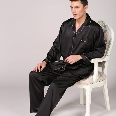 Herren Satin Schlafanzug Langarm Knopfleiste Hemd Und Hose Kontrastpaspel Nachtwäsche Homewear Für Herren In Übergrößen