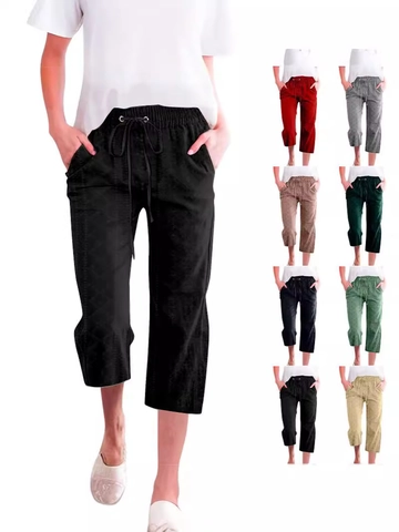 Women's Casual Capri Pants Loose Straight Leg Drawstring Elastic Waist Trousers with Pockets Eyelet Embroidery Pattern