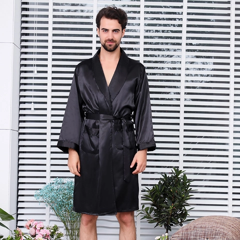 Men's Satin Robe Luxurious Silk-Like Pajamas Long Sleeve V-Neck Nightgown With Belt Loungewear For Men Home Spa Bathrobe