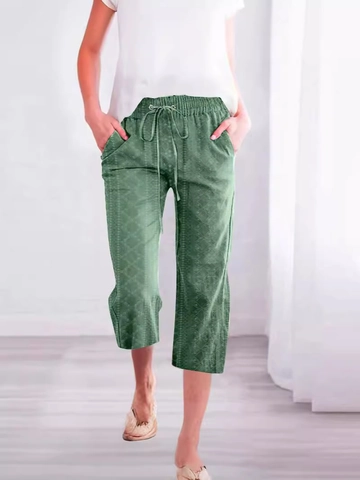 Women's Casual Capri Pants Loose Straight Leg Drawstring Elastic Waist Trousers with Pockets Eyelet Embroidery Pattern