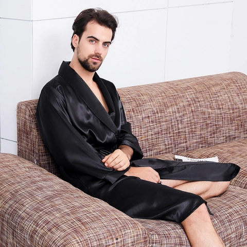 Men's Satin Robe Luxurious Silk-Like Pajamas Long Sleeve V-Neck Nightgown With Belt Loungewear For Men Home Spa Bathrobe