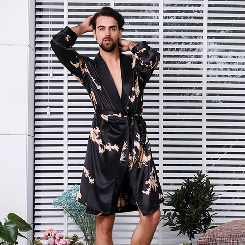 Men's Satin Dragon Print Sleepwear Robe With Belt Long Sleeve Kimono Style Comfortable Home Lounge Wear Nightgown