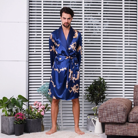 Men's Satin Dragon Print Sleepwear Robe With Belt Long Sleeve Kimono Style Comfortable Home Lounge Wear Nightgown