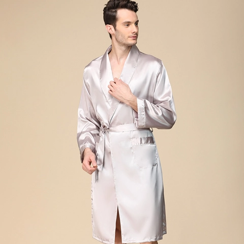 Albornoz de Satén para Hombre Manga Larga Con Cinturón Bolsillos Color Sólido Casual Loungewear Pijama de Lujo para Hombre