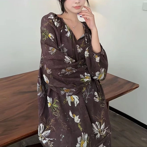 Women Casual Printed Loungewear Top And Pants Thin Breathable Rayon Sleepwear Vintage Floral Pattern Comfortable Home Clothing