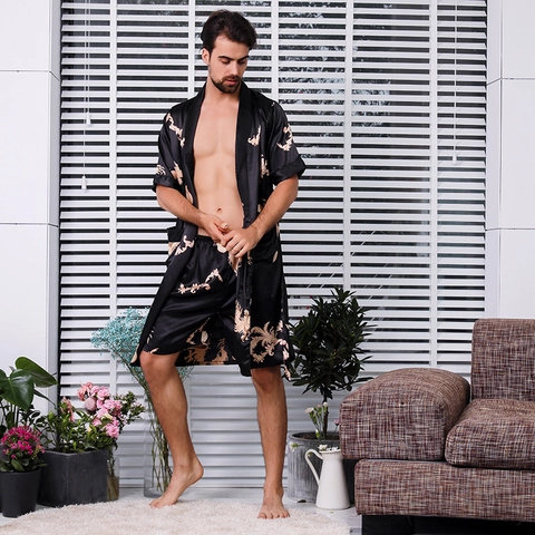 Ensemble Pyjama en Satin pour Hommes Imprimé Dragon Peignoir Avec Short Manches Courtes Style Chinois Été Grande Taille Robe de Chambre
