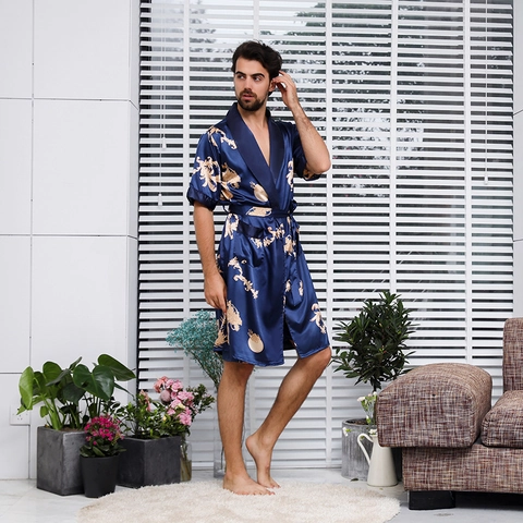 Ensemble Pyjama en Satin pour Hommes Imprimé Dragon Peignoir Avec Short Manches Courtes Style Chinois Été Grande Taille Robe de Chambre