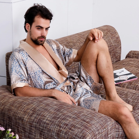 Heren Satin Ochtendjas Paisley Print Badjas Klassieke V Hals Nachtkleding Met Riem Luxe Loungewear Nachthemd Voor Zomer