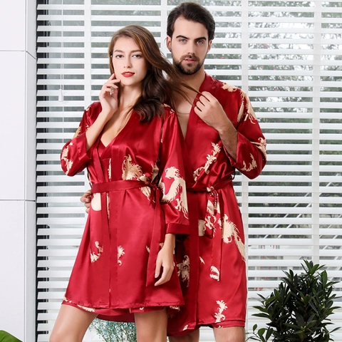 Couple Satin Pajamas Chinese Dragon Print Bathrobe For Women Nightdress And Men Shorts Long Sleeve Robe Nightgown