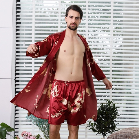 Couple Satin Pajamas Chinese Dragon Print Bathrobe For Women Nightdress And Men Shorts Long Sleeve Robe Nightgown
