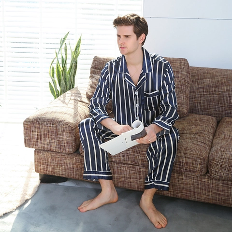 Herren Satin Gestreift Pyjama-Set Luxuriös Langarm Knopfleiste Revers Oberteil Und Lange Hose Marineblau Hausanzug Schlafanzug