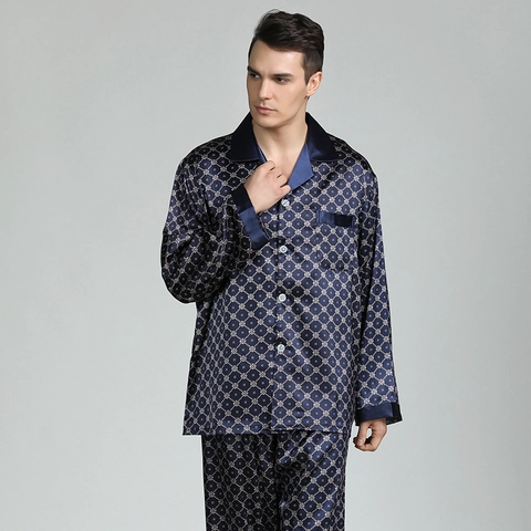 Set Pigiama da Uomo in Satin di Lusso Manica Lunga Monopetto Abbigliamento da Notte Con Motivo Geometrico Traspirante Fresco Homewear