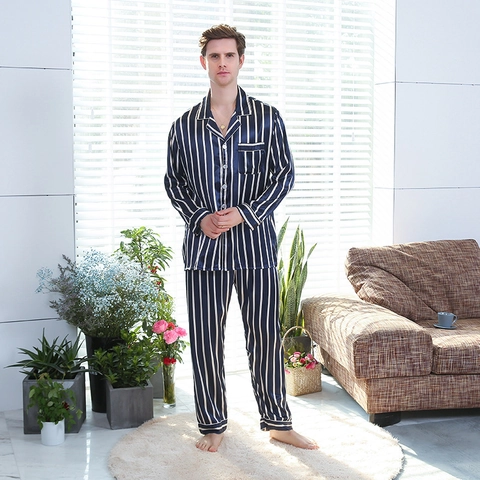 Herren Satin Gestreift Pyjama-Set Luxuriös Langarm Knopfleiste Revers Oberteil Und Lange Hose Marineblau Hausanzug Schlafanzug