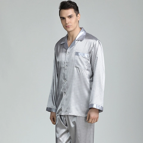 Pigiama da Uomo in Raso Maglia E Pantaloni Manica Lunga Stampato Abbottonato Abbigliamento da Notte Comodo Casual Lounge Wear